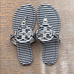 Tory Burch Navy Blue & White Striped Miller Sandal